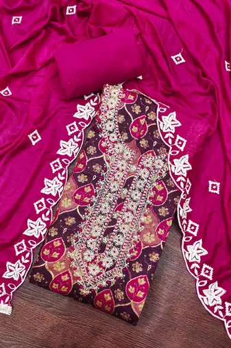 multi unstitched print handwork with embroidered dupatta silk blend dress material