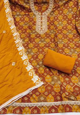 multi unstitched print handwork with embroidered dupatta silk blend dress material 2
