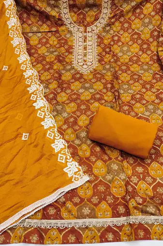 multi unstitched print handwork with embroidered dupatta silk blend dress material