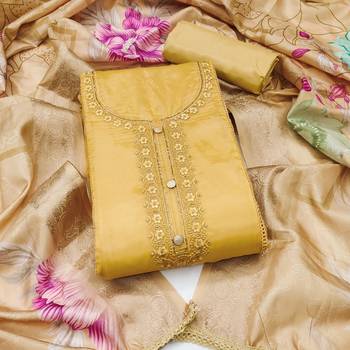 yellow unstitched thread embroidery handwork with digital printed woven dupatta dress material 1