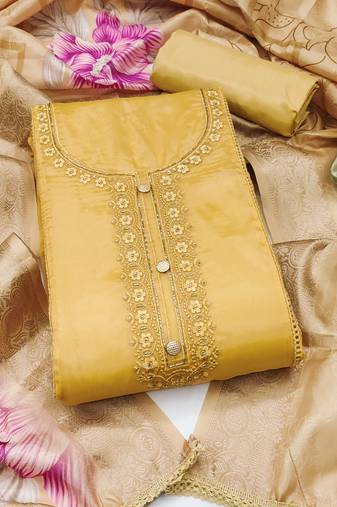 yellow unstitched thread embroidery handwork with digital printed woven dupatta dress material