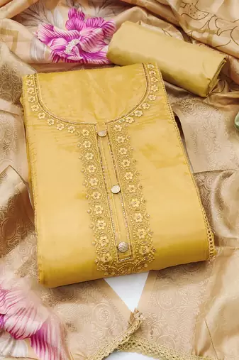 yellow unstitched thread embroidery handwork with digital printed woven dupatta dress material