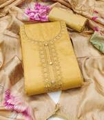 yellow unstitched thread embroidery handwork with digital printed woven dupatta dress material