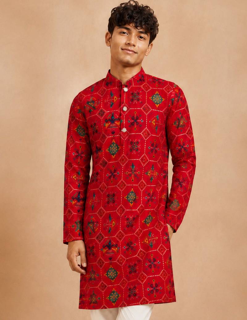 Boy's red rayon geometric print knee length kurta