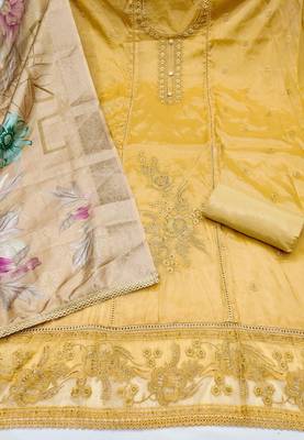 yellow unstitched thread embroidery handwork with digital printed woven dupatta dress material 2