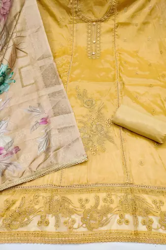 yellow unstitched thread embroidery handwork with digital printed woven dupatta dress material