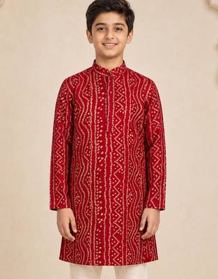 Boy's red rayon digital print knee length kurta 1