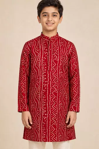 Boy's red rayon digital print knee length kurta