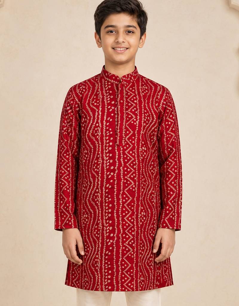 Boy's red rayon digital print knee length kurta