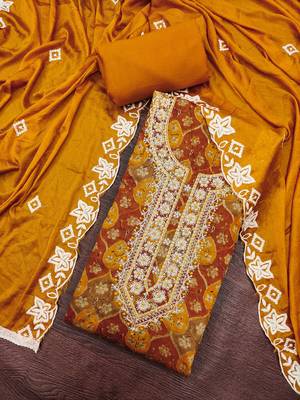 multi unstitched print handwork with embroidered dupatta silk blend dress material 4