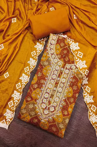multi unstitched print handwork with embroidered dupatta silk blend dress material