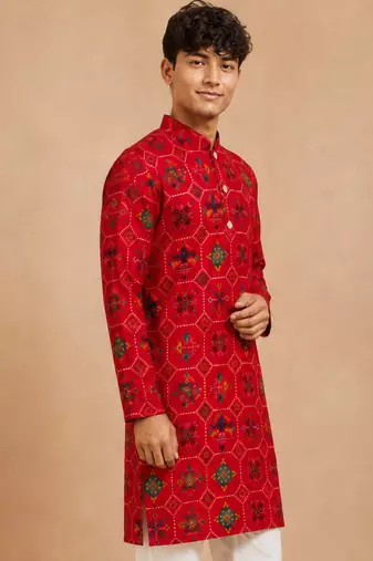 Boy's red rayon geometric print knee length kurta