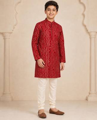 Boy's maroon rayon digital print knee length kurta 5