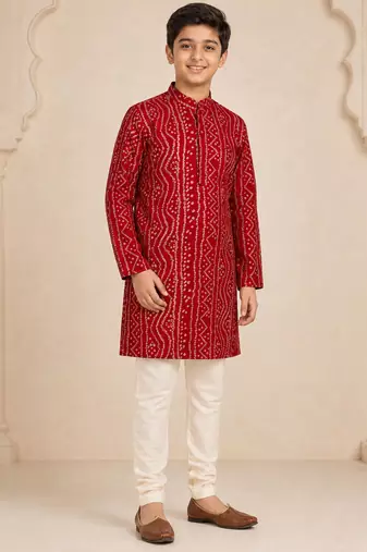 Boy's maroon rayon digital print knee length kurta