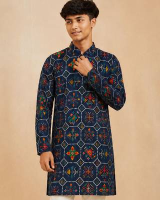 Boy's navy blue rayon geometric print knee length kurta 1