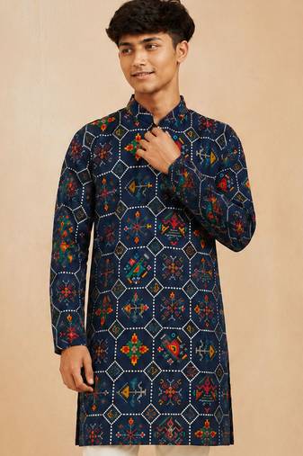 Boy's navy blue rayon geometric print knee length kurta