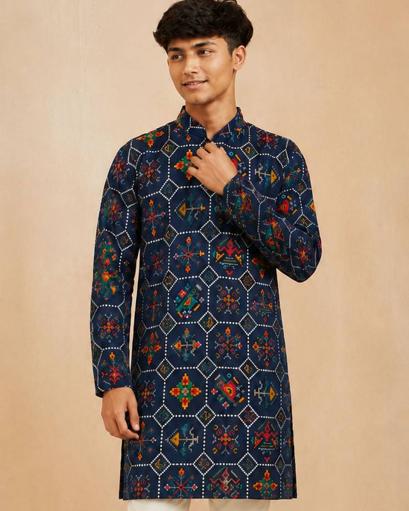 Boy's navy blue rayon geometric print knee length kurta