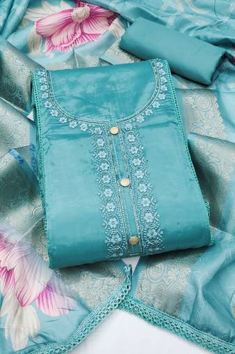 sea green unstitched thread embroidery handwork with digital printed woven dupatta dress material