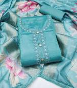 sea green unstitched thread embroidery handwork with digital printed woven dupatta dress material