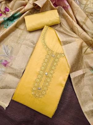 yellow unstitched thread embroidery handwork with digital printed woven dupatta dress material 4