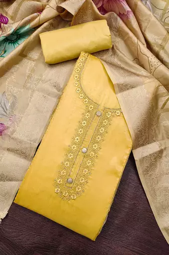 yellow unstitched thread embroidery handwork with digital printed woven dupatta dress material