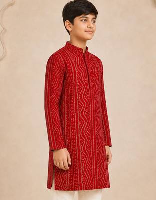 Boy's red rayon digital print knee length kurta 3