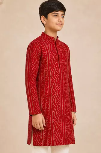 Boy's red rayon digital print knee length kurta