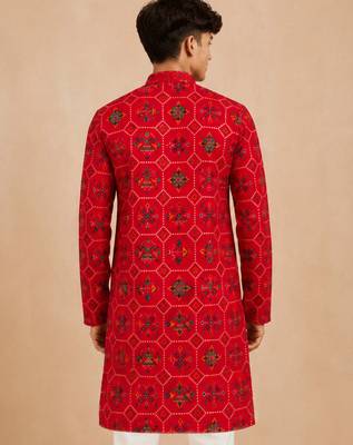 Boy's red rayon geometric print knee length kurta 4