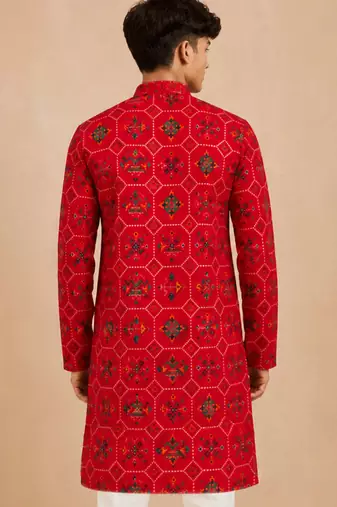 Boy's red rayon geometric print knee length kurta