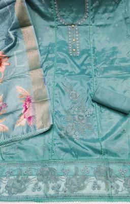 sea green unstitched thread embroidery handwork with digital printed woven dupatta dress material 2