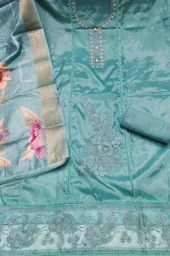 sea green unstitched thread embroidery handwork with digital printed woven dupatta dress material