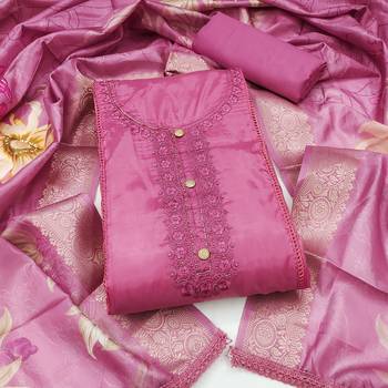 pink unstitched thread embroidery handwork with digital printed woven dupatta dress material 1