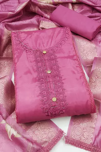 pink unstitched thread embroidery handwork with digital printed woven dupatta dress material