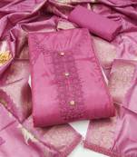 pink unstitched thread embroidery handwork with digital printed woven dupatta dress material