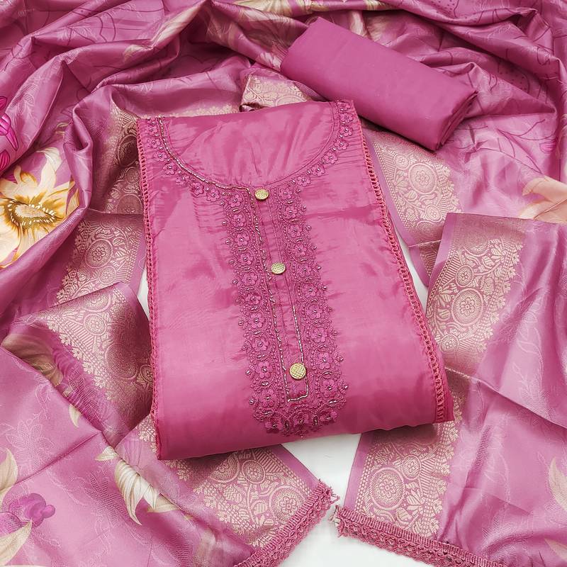 pink unstitched thread embroidery handwork with digital printed woven dupatta dress material