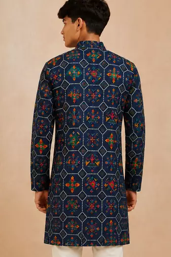 Boy's navy blue rayon geometric print knee length kurta
