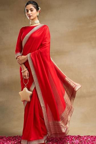 Red Embroidered Saree With Blouse
