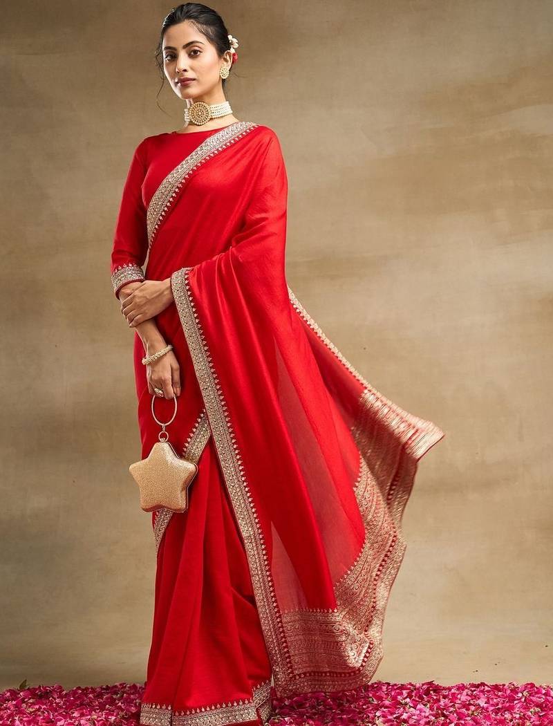 Red Embroidered Saree With Blouse