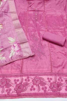pink unstitched thread embroidery handwork with digital printed woven dupatta dress material 2
