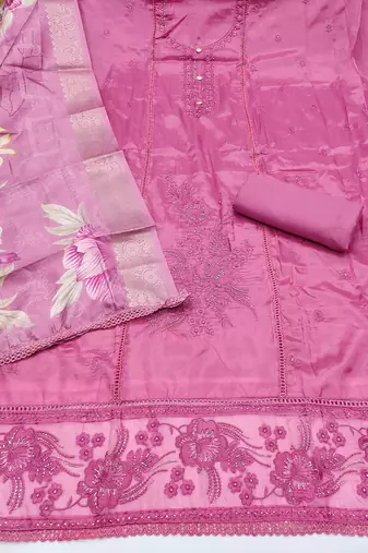 pink unstitched thread embroidery handwork with digital printed woven dupatta dress material