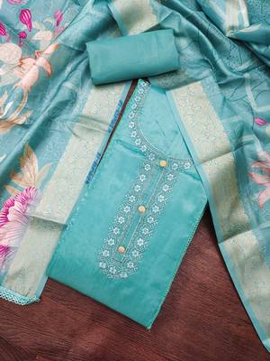sea green unstitched thread embroidery handwork with digital printed woven dupatta dress material 4