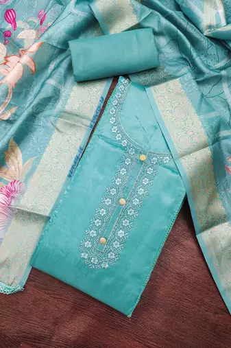 sea green unstitched thread embroidery handwork with digital printed woven dupatta dress material