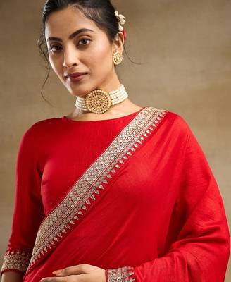 Red Embroidered Saree With Blouse 5