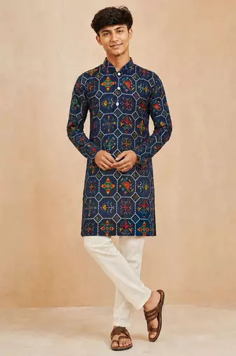 Boy's navy blue rayon geometric print knee length kurta