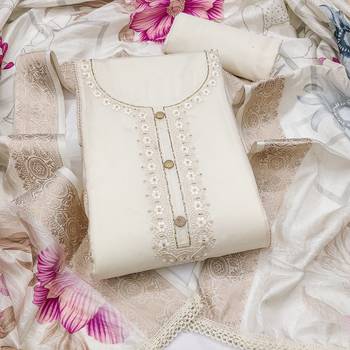 white unstitched thread embroidery handwork with digital printed woven dupatta dress material 1