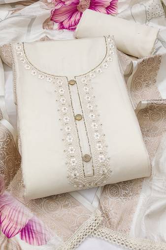 white unstitched thread embroidery handwork with digital printed woven dupatta dress material