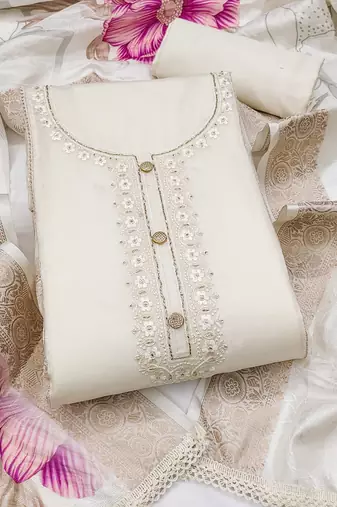 white unstitched thread embroidery handwork with digital printed woven dupatta dress material