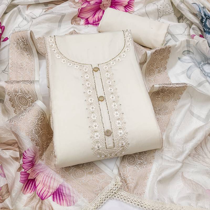 white unstitched thread embroidery handwork with digital printed woven dupatta dress material