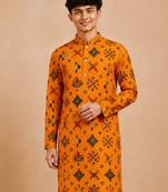 Boy's mustard rayon geometric print knee length kurta