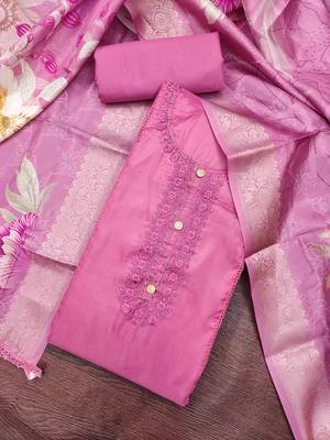 pink unstitched thread embroidery handwork with digital printed woven dupatta dress material 4